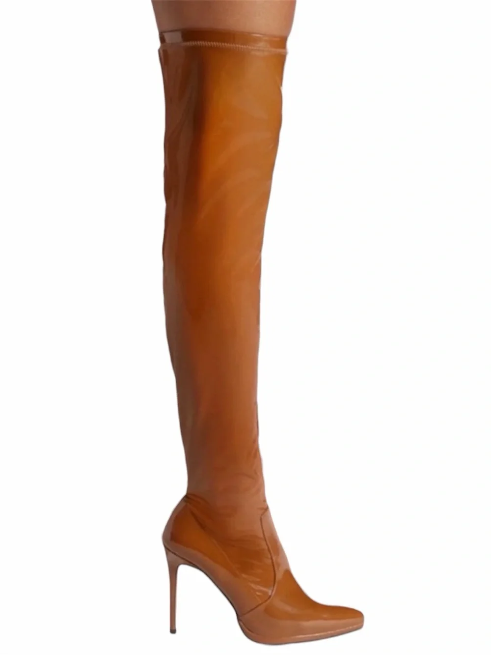 Shoe Dazzle Lekisha Tan /camel, Patent faux leather Thigh High Boots 6 NWOT